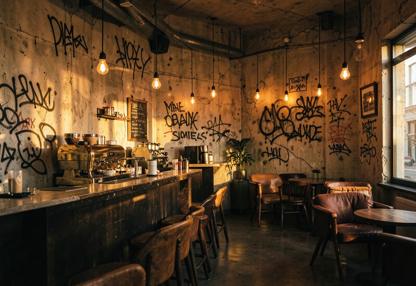 A graffiti-walled coffee bar at golden hour